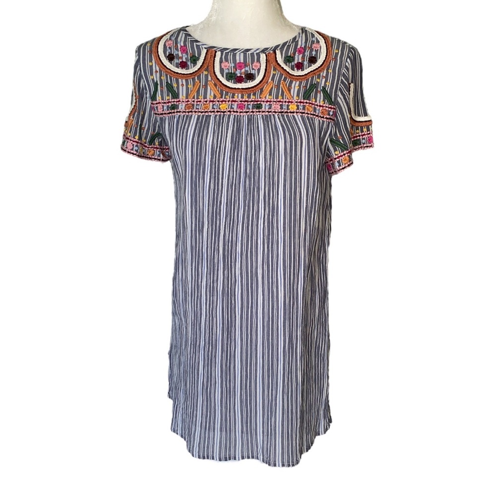 Kyla Seo Anthropologie Striped Embroidered Gauze Tunic Dress - XS